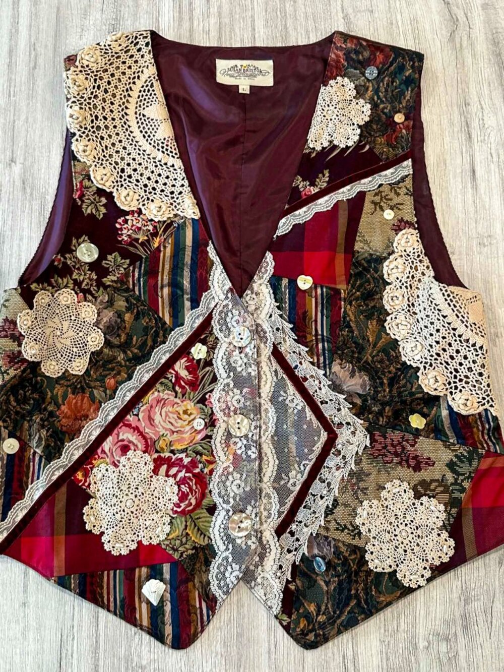 Vintage Burgundy Plaid Susan Bristol Lace Patchwork Corduroy Cottagecore Vest Lg
